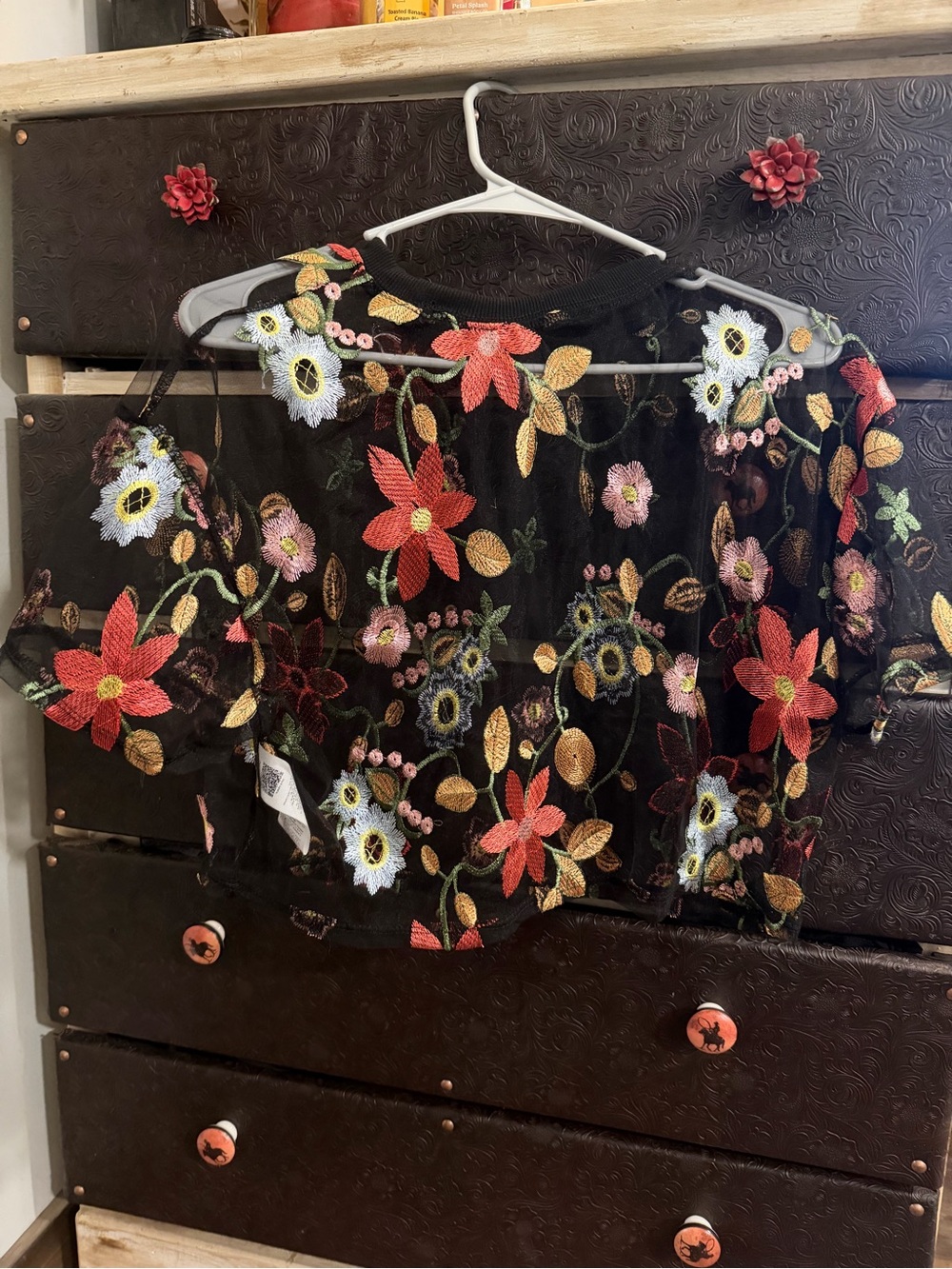Embroidered Floral Black Sheer Topper - Multi-Color